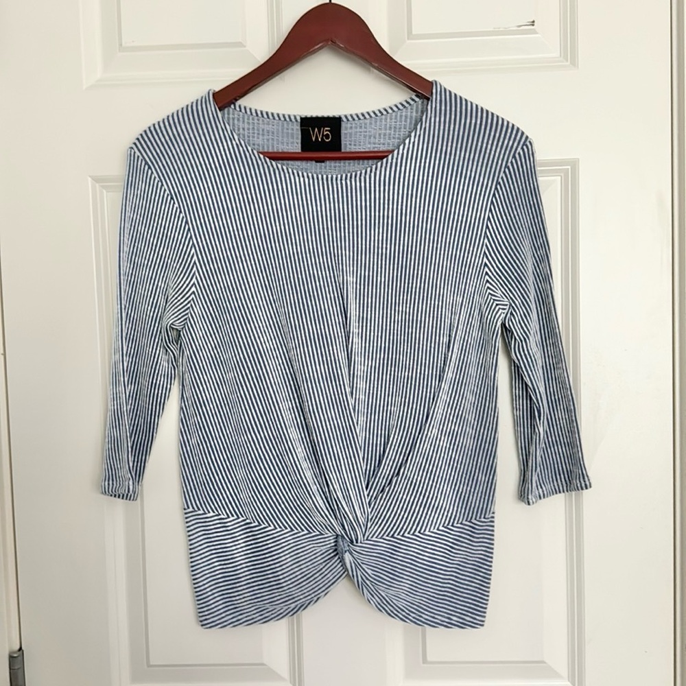Blue and White Striped Twist Front Top
